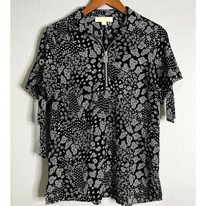 Michael Kors Sz M Black Top Floral Paisley Print 1/4 Zip Roll Tab Sleeve‎ Silver